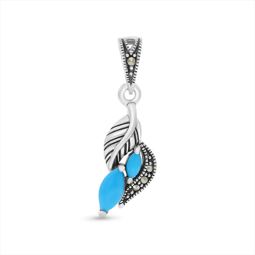 [PND04MAR00TRQA495] Sterling Silver 925 Pendant Embedded With Natural Processed Turquoise And Marcasite Stones