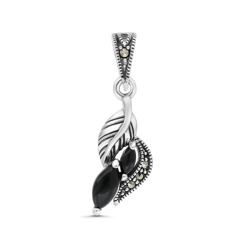 [PND04MAR00ONXA495] Sterling Silver 925 Pendant Embedded With Natural Black Agate And Marcasite Stones