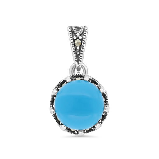 [PND04MAR00TRQA496] Sterling Silver 925 Pendant Embedded With Natural Processed Turquoise And Marcasite Stones