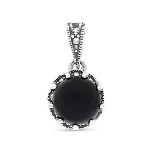 [PND04MAR00ONXA496] Sterling Silver 925 Pendant Embedded With Natural Black Agate And Marcasite Stones