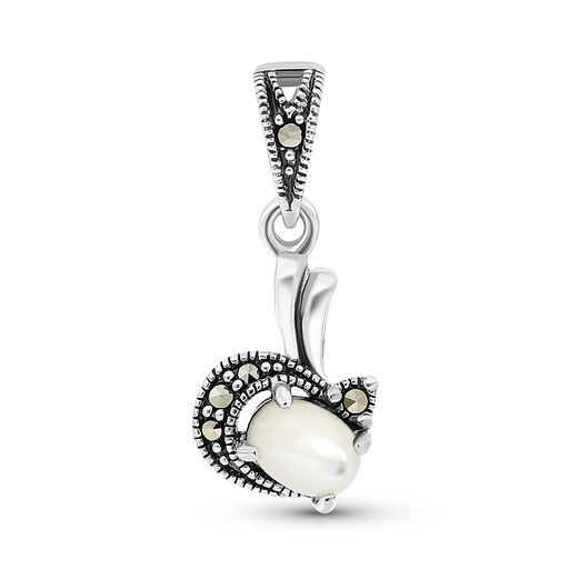 [PND04MAR00MOPA497] Sterling Silver 925 Pendant Embedded With Natural White Shell And Marcasite Stones