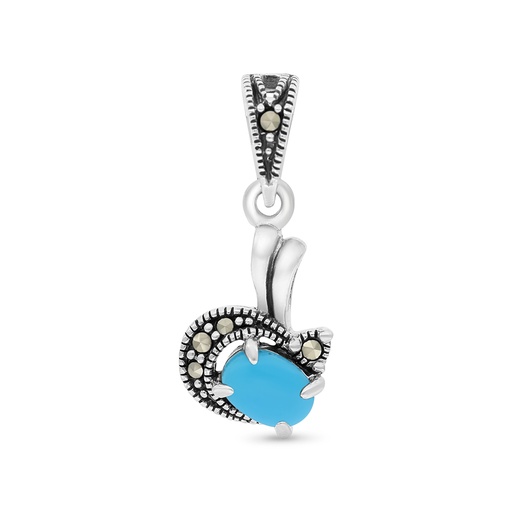 [PND04MAR00TRQA497] Sterling Silver 925 Pendant Embedded With Natural Processed Turquoise And Marcasite Stones