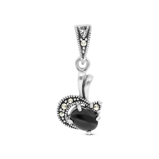 [PND04MAR00ONXA497] Sterling Silver 925 Pendant Embedded With Natural Black Agate And Marcasite Stones