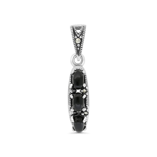 [PND04MAR00ONXA498] Sterling Silver 925 Pendant Embedded With Natural Black Agate And Marcasite Stones