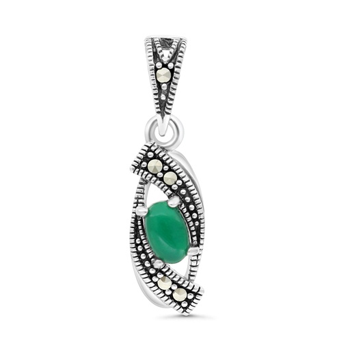 [PND04MAR00GAGA500] Sterling Silver 925 Pendant Embedded With Natural Green Agate And Marcasite Stones