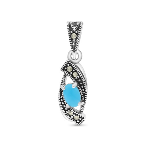[PND04MAR00TRQA500] Sterling Silver 925 Pendant Embedded With Natural Processed Turquoise And Marcasite Stones