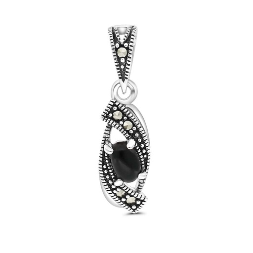 [PND04MAR00ONXA500] Sterling Silver 925 Pendant Embedded With Natural Black Agate And Marcasite Stones