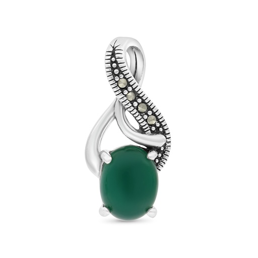 [PND04MAR00GAGA501] Sterling Silver 925 Pendant Embedded With Natural Green Agate And Marcasite Stones