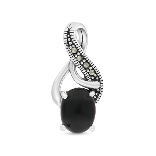 [PND04MAR00ONXA501] Sterling Silver 925 Pendant Embedded With Natural Black Agate And Marcasite Stones