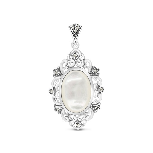 [PND04MAR00MOPA509] Sterling Silver 925 Pendant Embedded With Natural White Shell And Marcasite Stones