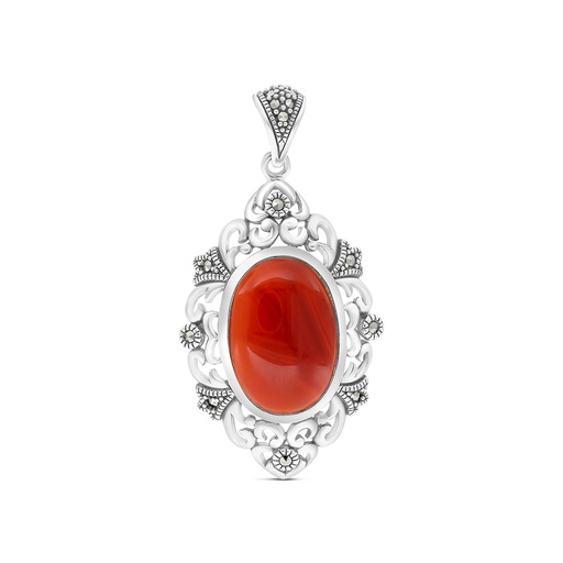 [PND04MAR00RAGA509] Sterling Silver 925 Pendant Embedded With Natural Aqiq And Marcasite Stones