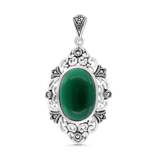 [PND04MAR00GAGA509] Sterling Silver 925 Pendant Embedded With Natural Green Agate And Marcasite Stones