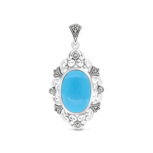 [PND04MAR00TRQA509] Sterling Silver 925 Pendant Embedded With Natural Processed Turquoise And Marcasite Stones