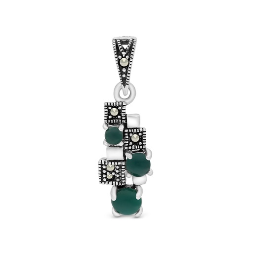 [PND04MAR00GAGA502] Sterling Silver 925 Pendant Embedded With Natural Green Agate And Marcasite Stones