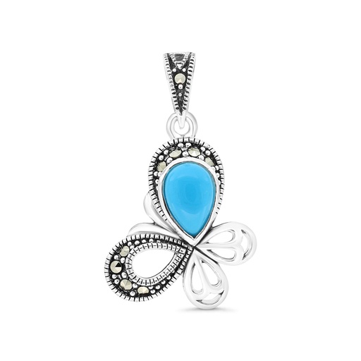 [PND04MAR00TRQA511] Sterling Silver 925 Pendant Embedded With Natural Processed Turquoise And Marcasite Stones