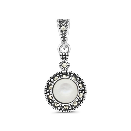 [PND04MAR00MOPA512] Sterling Silver 925 Pendant Embedded With Natural White Shell And Marcasite Stones