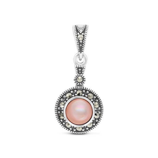 [PND04MAR00PNKA512] Sterling Silver 925 Pendant Embedded With Natural Pink Shell And Marcasite Stones