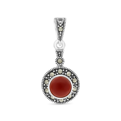 [PND04MAR00RAGA512] Sterling Silver 925 Pendant Embedded With Natural Aqiq And Marcasite Stones