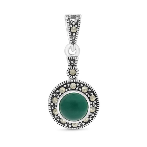 [PND04MAR00GAGA512] Sterling Silver 925 Pendant Embedded With Natural Green Agate And Marcasite Stones