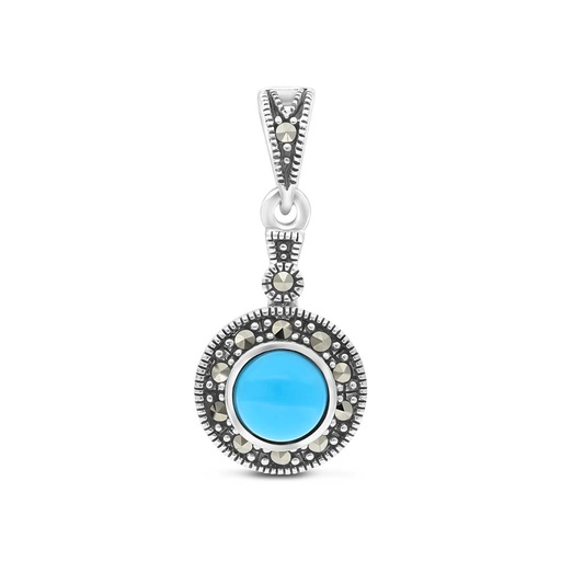 [PND04MAR00TRQA512] Sterling Silver 925 Pendant Embedded With Natural Processed Turquoise And Marcasite Stones