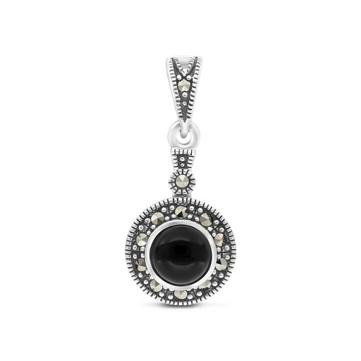 [PND04MAR00ONXA512] Sterling Silver 925 Pendant Embedded With Natural Black Agate And Marcasite Stones
