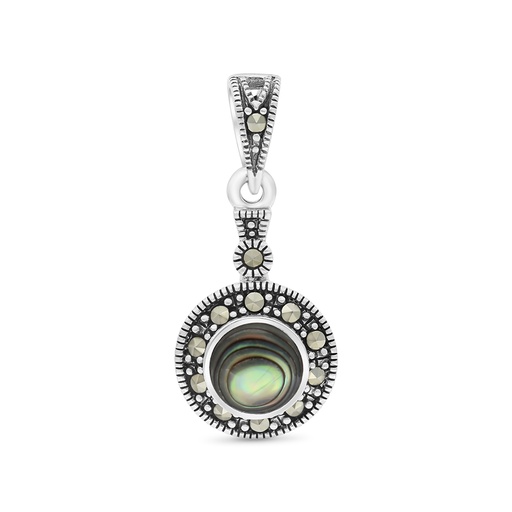 [PND04MAR00ABAA512] Sterling Silver 925 Pendant Embedded With Natural Blue Shell And Marcasite Stones