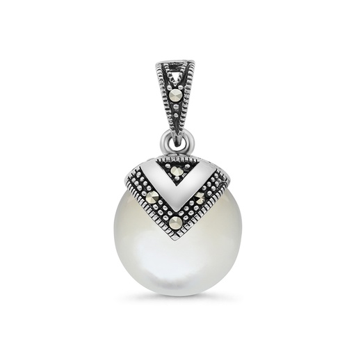 [PND04MAR00MOPA513] Sterling Silver 925 Pendant Embedded With Natural White Shell And Marcasite Stones