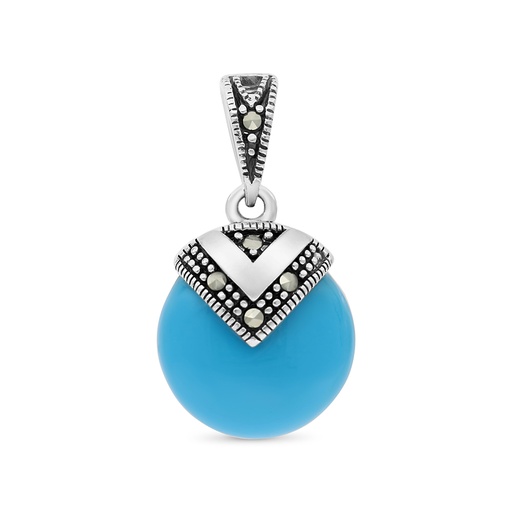 [PND04MAR00TRQA513] Sterling Silver 925 Pendant Embedded With Natural Processed Turquoise And Marcasite Stones