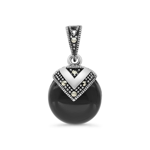 [PND04MAR00ONXA513] Sterling Silver 925 Pendant Embedded With Natural Black Agate And Marcasite Stones