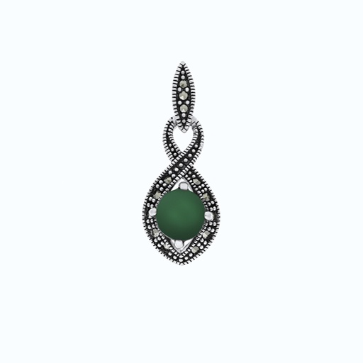 [PND04MAR00GAGA581] Sterling Silver 925 Pendant Embedded With Natural Green Agate And Marcasite Stones