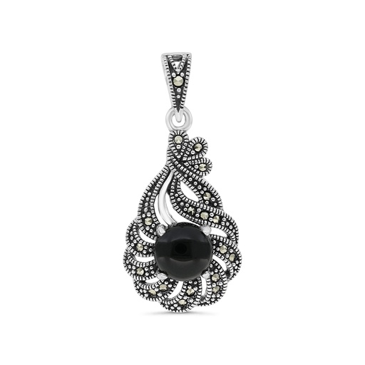 [PND04MAR00ONXA514] Sterling Silver 925 Pendant Embedded With Natural Black Agate And Marcasite Stones