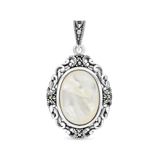 [PND04MAR00MOPA508] Sterling Silver 925 Pendant Embedded With Natural White Shell And Marcasite Stones