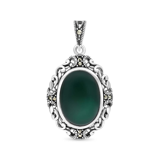[PND04MAR00GAGA508] Sterling Silver 925 Pendant Embedded With Natural Green Agate And Marcasite Stones