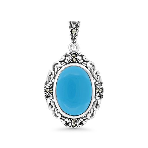[PND04MAR00TRQA508] Sterling Silver 925 Pendant Embedded With Natural Processed Turquoise And Marcasite Stones