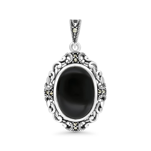 [PND04MAR00ONXA508] Sterling Silver 925 Pendant Embedded With Natural Black Agate And Marcasite Stones