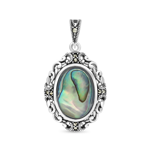 [PND04MAR00ABAA508] Sterling Silver 925 Pendant Embedded With Natural Blue Shell And Marcasite Stones