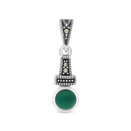 [PND04MAR00GAGA516] Sterling Silver 925 Pendant Embedded With Natural Green Agate And Marcasite Stones