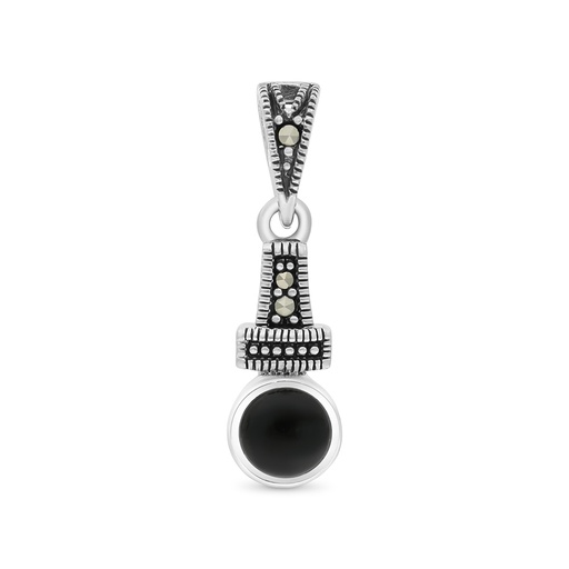 [PND04MAR00ONXA516] Sterling Silver 925 Pendant Embedded With Natural Black Agate And Marcasite Stones