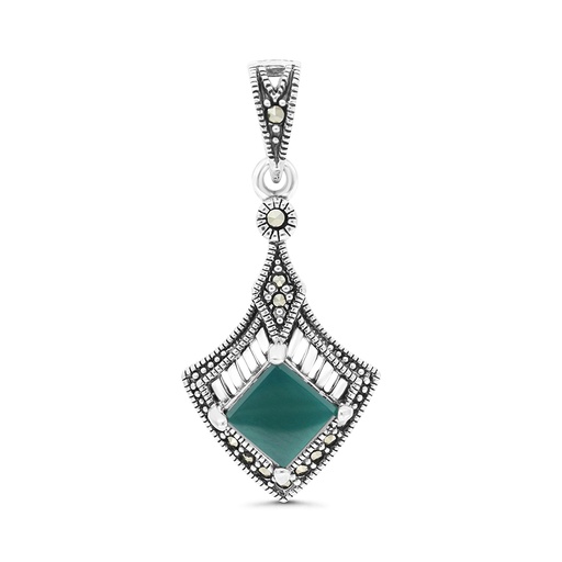 [PND04MAR00GAGA517] Sterling Silver 925 Pendant Embedded With Natural Green Agate And Marcasite Stones