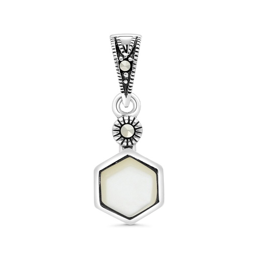 [PND04MAR00MOPA519] Sterling Silver 925 Pendant Embedded With Natural White Shell And Marcasite Stones