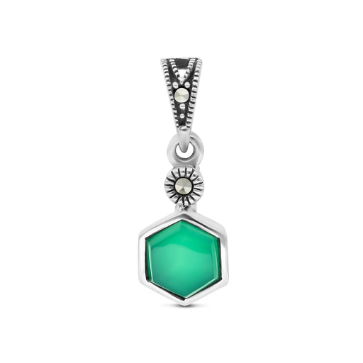 [PND04MAR00GAGA519] Sterling Silver 925 Pendant Embedded With Natural Green Agate And Marcasite Stones