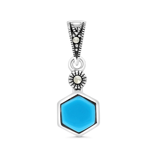 [PND04MAR00TRQA519] Sterling Silver 925 Pendant Embedded With Natural Processed Turquoise And Marcasite Stones