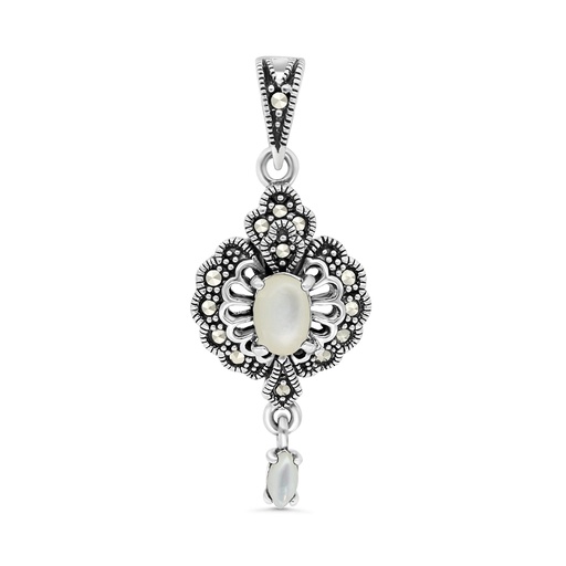 [PND04MAR00MOPA521] Sterling Silver 925 Pendant Embedded With Natural White Shell And Marcasite Stones