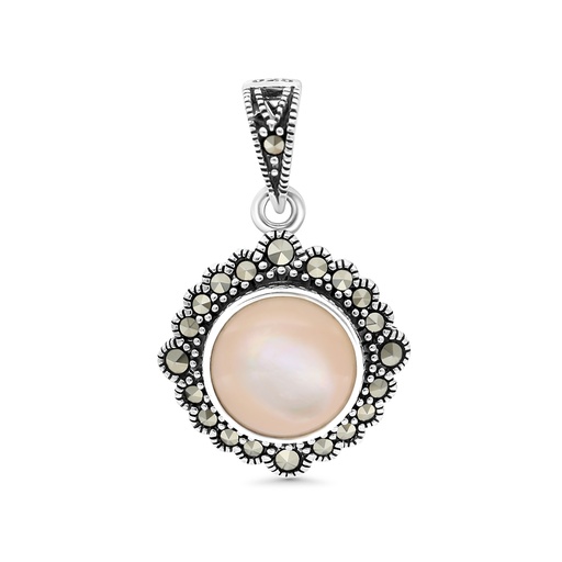 [PND04MAR00PNKA534] Sterling Silver 925 Pendant Embedded With Natural Pink Shell And Marcasite Stones
