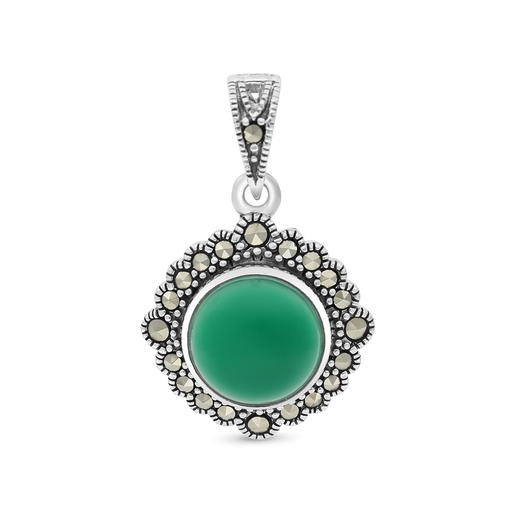 [PND04MAR00GAGA534] Sterling Silver 925 Pendant Embedded With Natural Green Agate And Marcasite Stones