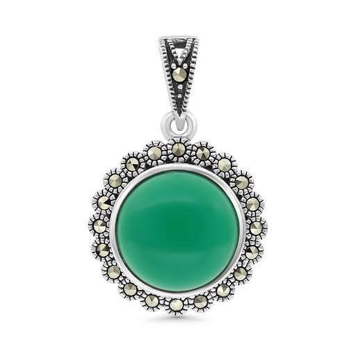 [PND04MAR00GAGA537] Sterling Silver 925 Pendant Embedded With Natural Green Agate And Marcasite Stones