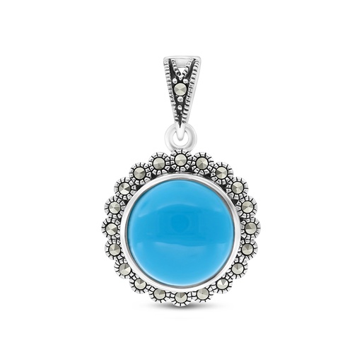 [PND04MAR00TRQA537] Sterling Silver 925 Pendant Embedded With Natural Processed Turquoise And Marcasite Stones