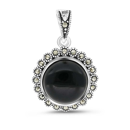 [PND04MAR00ONXA537] Sterling Silver 925 Pendant Embedded With Natural Black Agate And Marcasite Stones