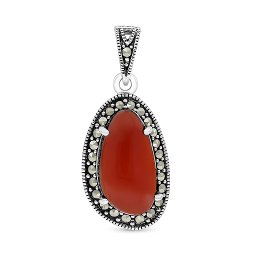 [PND04MAR00RAGA539] Sterling Silver 925 Pendant Embedded With Natural Aqiq And Marcasite Stones