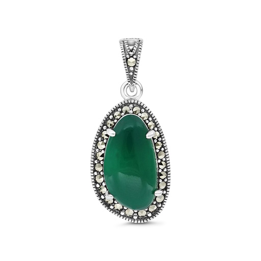 [PND04MAR00GAGA539] Sterling Silver 925 Pendant Embedded With Natural Green Agate And Marcasite Stones